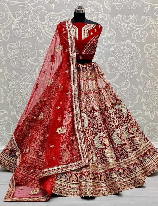 Knockout Red Color Velvet Function Wear Embroidered Multi Work Lehenga Choli