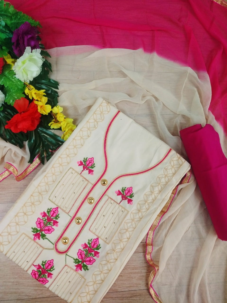 Pink Color Festive Wear Embroidered Work Indo Cotton Fancy Semi Stitched Salwar Suit