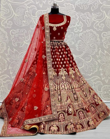 Alluring Red Color Velvet Diamond Coding Thread Work Lehenga Choli Design