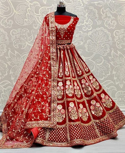 Shattering Red Color Multi Thread Sequence Work Velvet Occasion Wear Lehenga Choli