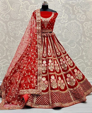 Shattering Red Color Multi Thread Sequence Work Velvet Occasion Wear Lehenga Choli