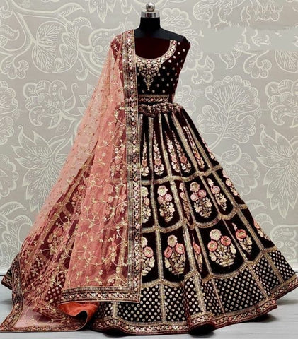 Majesty Dark Maroon Color Velvet Diamond Multi Thread Work Lehenga Choli For Women