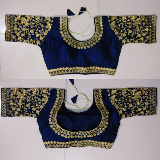 Navy Blue Color Ready Made Occasion Wear Zari Thread Work Silk Fantam Design Blouse