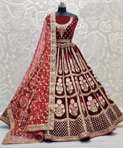Sensational Maroon Color Sequence Diamond Work Velvet Wedding Wear Lehenga Choli