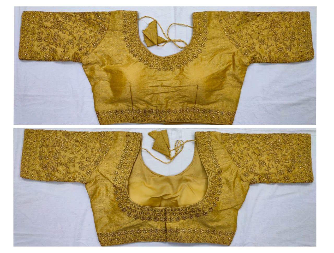 Party Wear Golden Blouse Full Stitched Thread Zari Work Fantam Silk Blouse