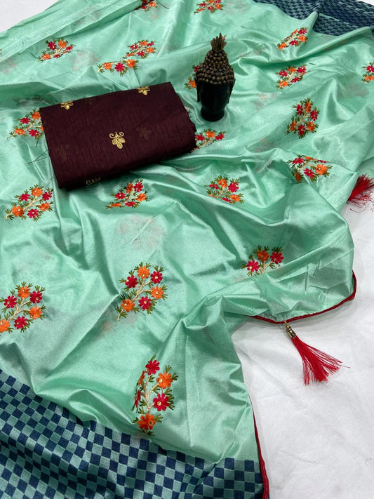 Light Blue Color Party Wear Kitty Silk Fancy Stone Thread Work Designer Saree Blouse