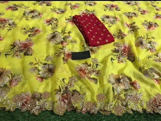 Yellow Color Occasion Wear Organza Designer Digital Printed Fancy Border Designer Saree Blouse
