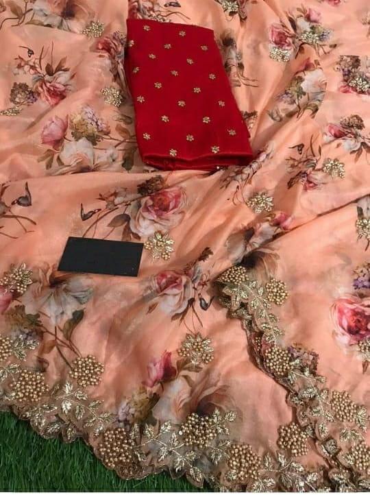 Peach Color Wedding Wear Digital Printed Fancy Border Organza Designer Saree Blouse