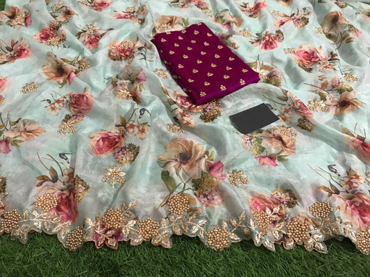 Light Blue Color Fancy Organza Digital Printed Designer Border Designer Saree Blouse