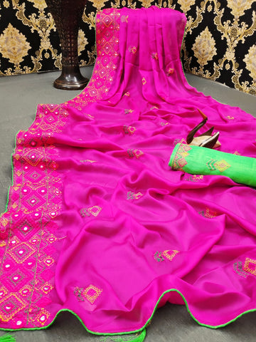 Dark Pink Color Moss Chiffon Designer Foil Thread Mirror Embroidered Work Border Designer Saree Blouse