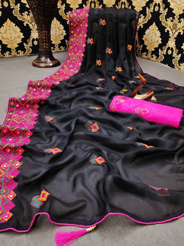 Black Color Chiffon Moss Embroidered Thread Mirror Foil Work Border Designer Saree Blouse