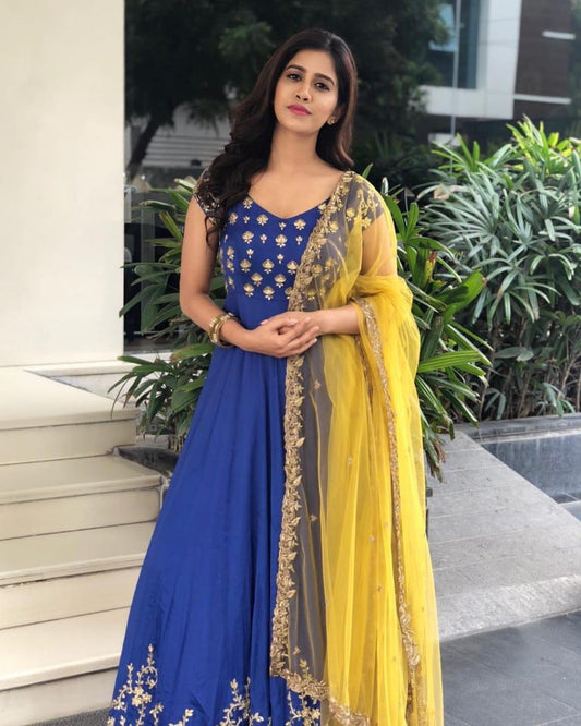 Royal Blue Color Full Stitched Taffeta Silk Wedding Wear Embroidered Work Gown