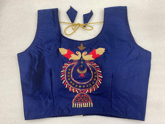 Navy Blue Color Designer Wedding Wear Silk Phantom Khatli Hand Work Full Stitched Blouse