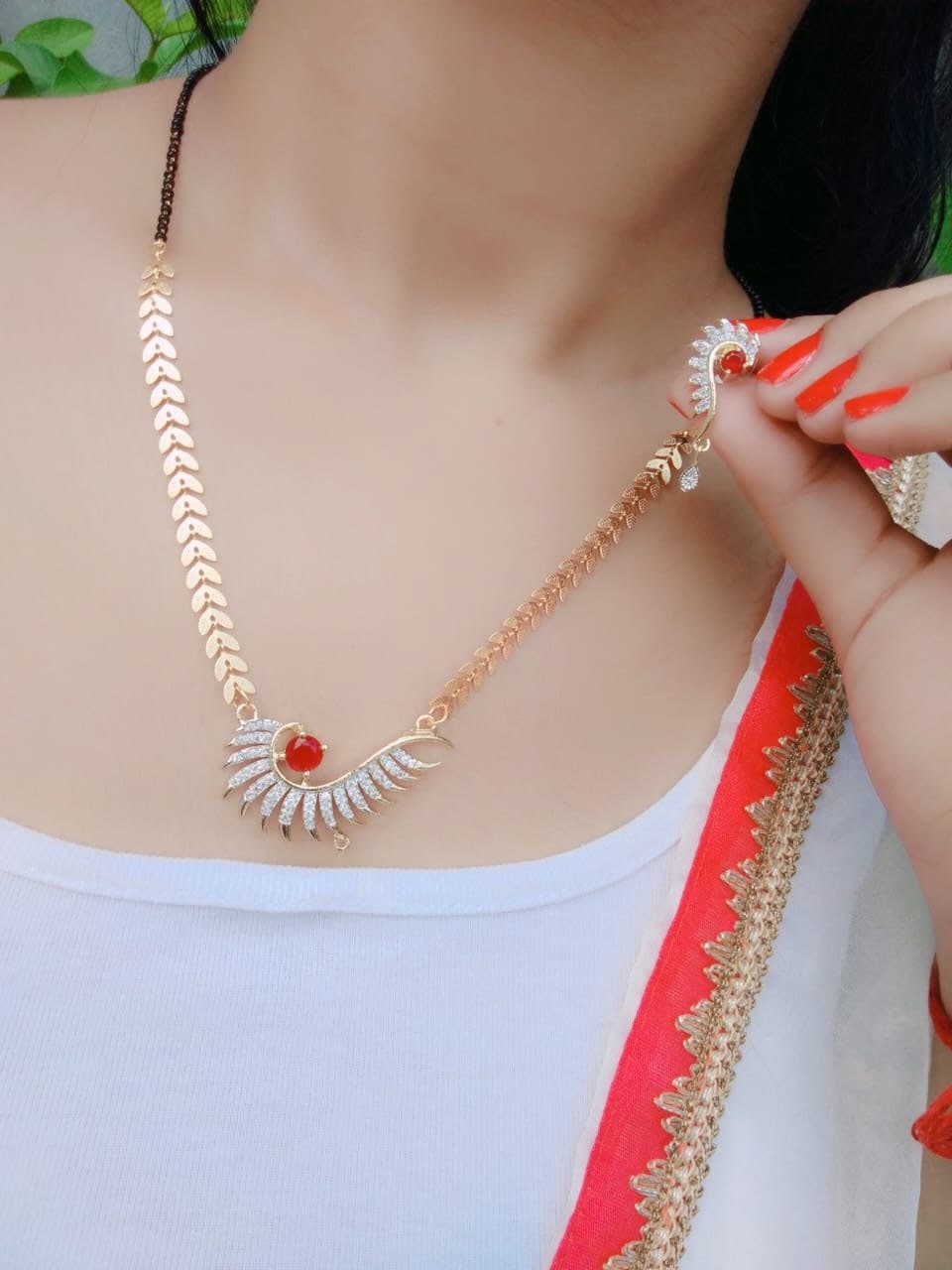 Good-looking Red Color American Diamond Imitation Mangalsutra Set