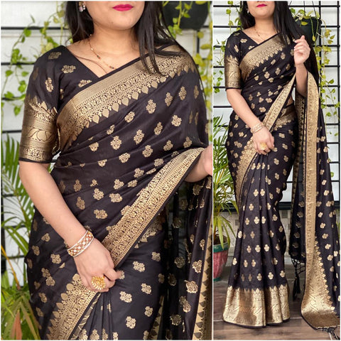 Black Color Festive Wear Sana Silk Designer Jacquard Work Designer Saree Blouse