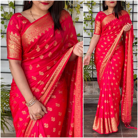 Rani Pink Color Wedding Wear Sana Soft Silk Jacquard Work Designer Saree Blouse