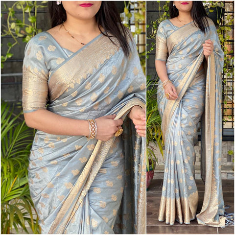 Festive Wear Grey Color Jacquard Work Sana Soft Silk Fancy Designer Saree Blouse