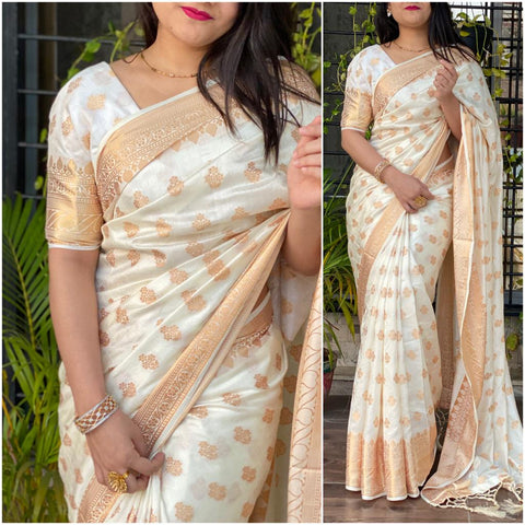 Off White Color Designer Sana Silk Soft Jacquard Work Designer Saree Blouse