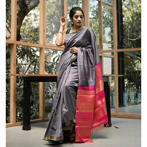 Grey Color Wedding Wear Soft Lichi Silk Rich Pallu Designer All Over Golden Silver Zari Jacquard Work Designer Saree Blouse
