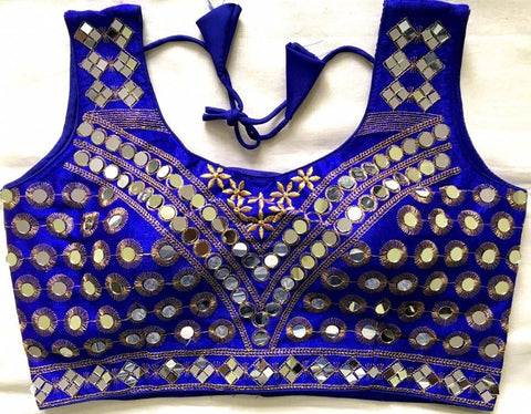 Royal Blue Color Party Wear Phantom Silk Zari Thread Sequence Real Mirror Hand Work Ready Made Blouse