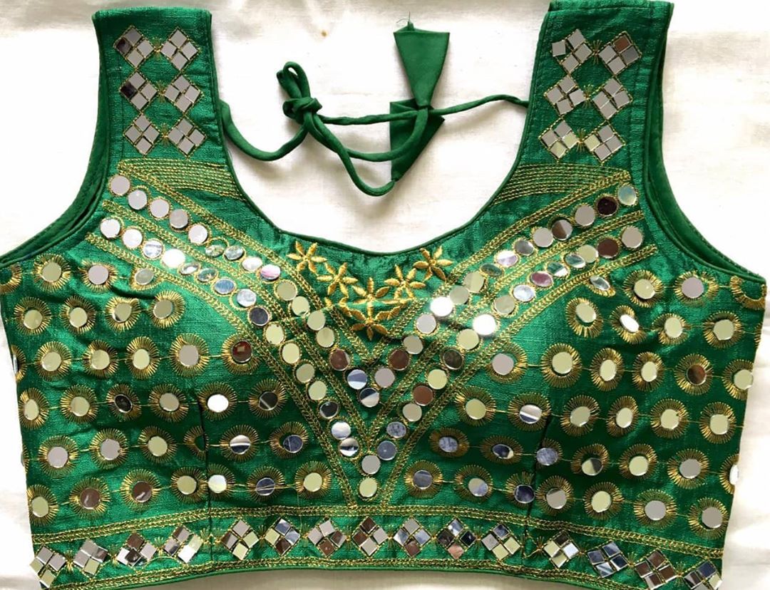 Festive Wear Dark Green Color Phantom Silk Thread Zari Sequence Real Mirror Hand Work Blouse