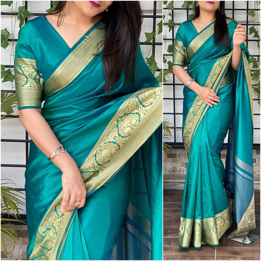 Thrilling Firozi Sana Silk Jacquard Work Wedding Wear Saree Blouse