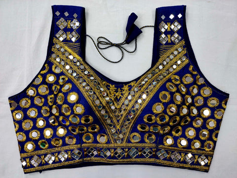 Navy Blue Color Party Wear Silk Phantom Designer Thread Zari Sequence Real Mirror Hand Work Blouse