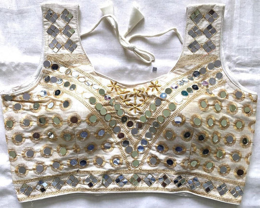 White Color Fancy Real Mirror Sequence Zari Thread Hand Work Phantom Silk Blouse