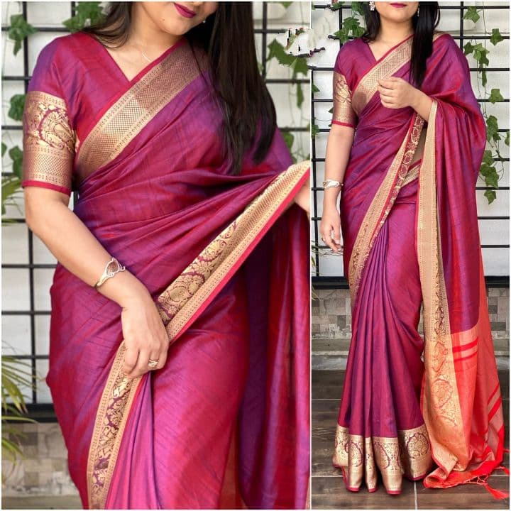 Attractive Rani Pink Color Jacquard Work Party Wear Sana Silk Saree Blouse