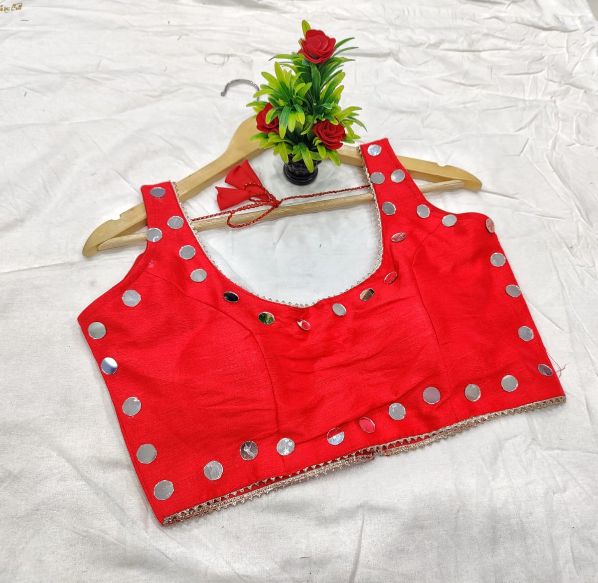 Red Color Party Wear Silk Fantom Mirror Real Thread Work Ready Made Blouse