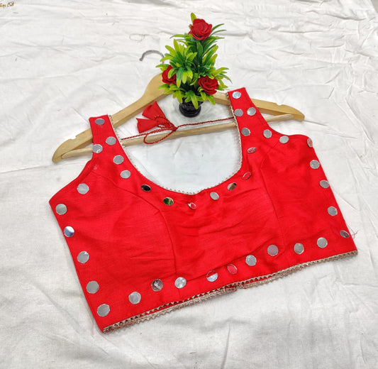 Red Color Party Wear Silk Fantom Mirror Real Thread Work Ready Made Blouse