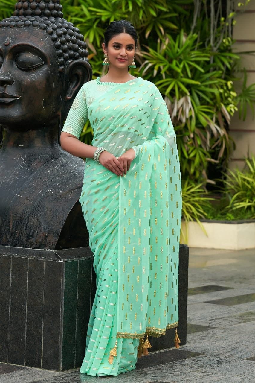 Amazaballs Sea Green Color Function Wear Georgette Embroidered Butti Work Saree Blouse