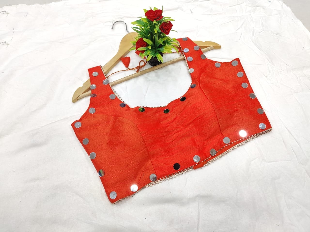 Orange Color Festival Wear Fanctom Silk Designer Full Stitched Thread Real Mirror Work Blouse