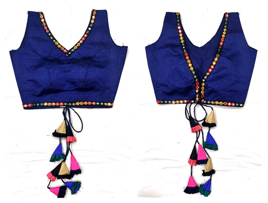 Party Wear Navy Blue Color Full Stitched Phantom Silk Fancy Multi Color Kashmiri Work Lace Jhumkha Latkan Blouse