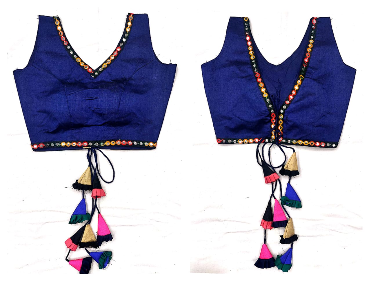 Party Wear Navy Blue Color Full Stitched Phantom Silk Fancy Multi Color Kashmiri Work Lace Jhumkha Latkan Blouse