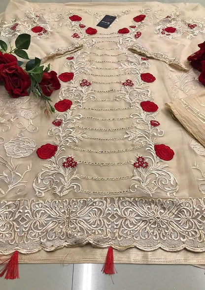 Engrossing Cream Color Georgette Festival Wear Stone Work Salwar Suit