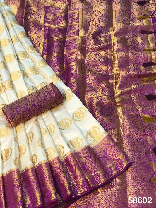 Starling White Color Nylon Silk Brocade Border Rich Pallu Festive Wear Saree Blouse