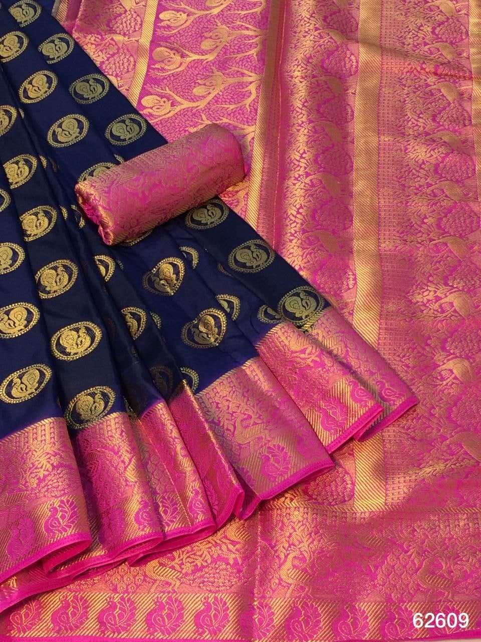 Classic Rani Pink Color Nylon Silk Design Grand Pallu Brocade Border Saree Blouse