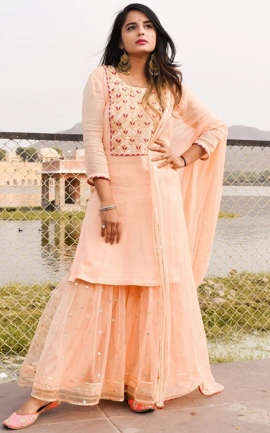 Peach Color Festive Wear Georgette Fancy Thread Sequence Zari Work Indo Wesrtern
