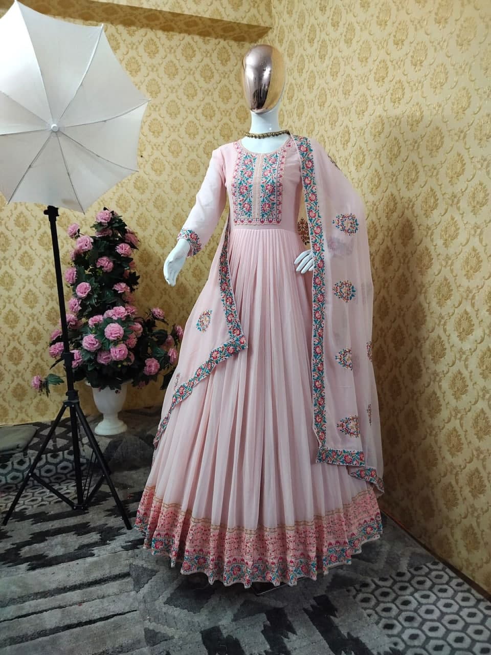 Alluring Light Peach Color Georgette Wedding Wear Embroidered Work Salwar Suit