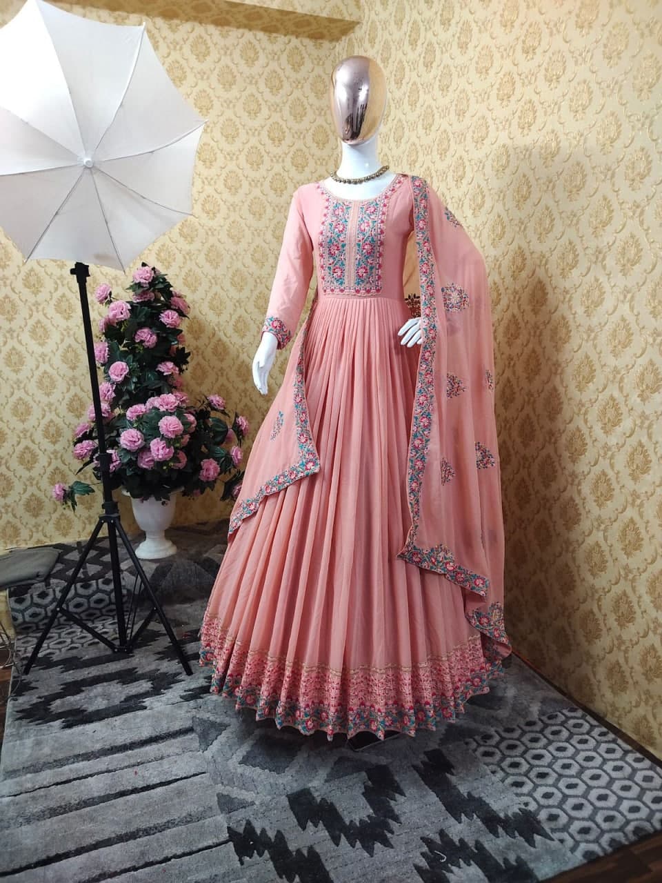 Thrilling Peach Color Georgette Embroidered Work Salwar Suit For Ladies