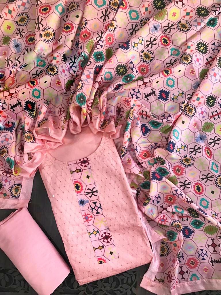 Pink Color Printed Tie Chanderi fancy Work Designer Occasion Wear Salwar Suit