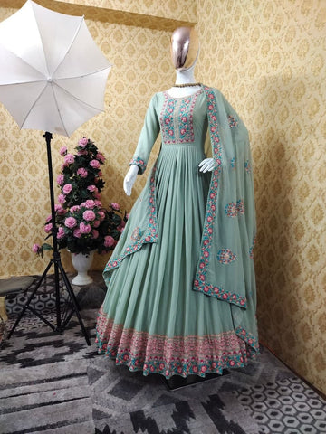 Sea Green Color Party Wear Georgette Embroidered Work Salwar Suit