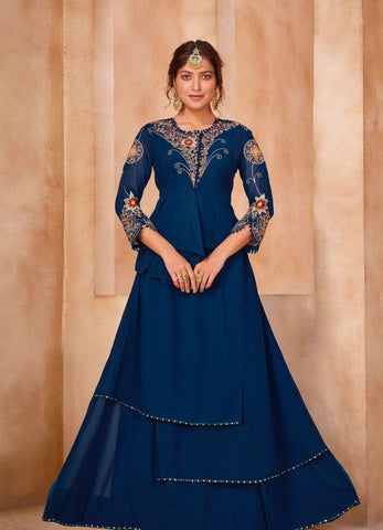 Dazzling Blue Color Georgette Embroidered Work Wedding Wear Indo Western