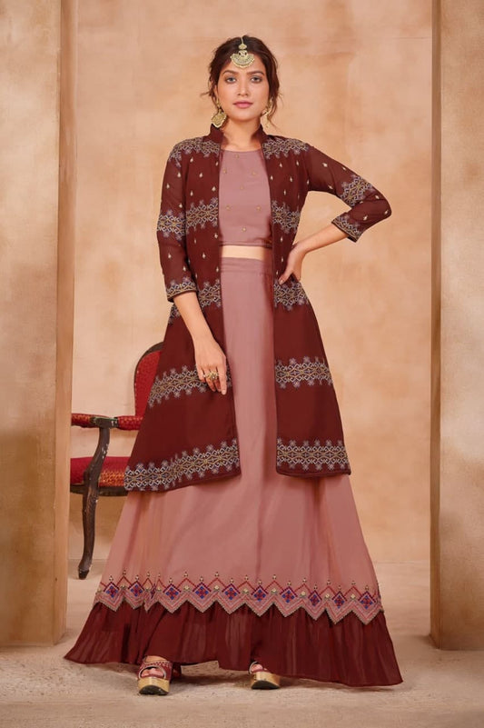 Adorable Maroon Color Georgette Embroidered Work Indo Western