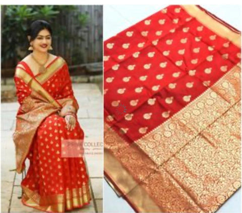 Red Color Occasion Wear Golden Zari Border Banarasi Designer Saree Blouse