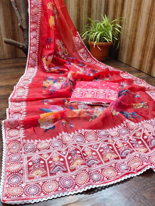 Pleasant Red Color Organza Printed Thread Work Occasion Wear Saree Blouse