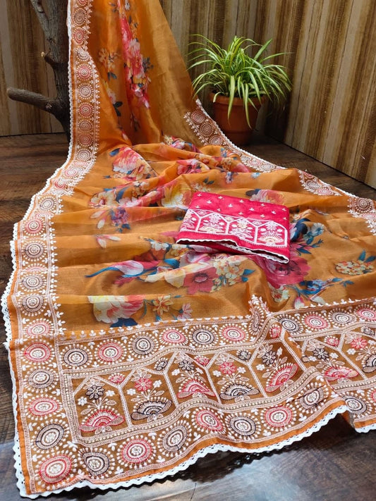 Novelty Orange Color Organza Multi Printed Thread Work Saree Blouse