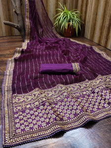 Violet Color Wedding Wear Silk Organza Embroidered Work Saree Blouse