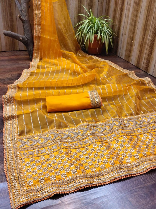 Impressive Yellow Color Organza Embroidered Coding Work Saree Blouse For Women